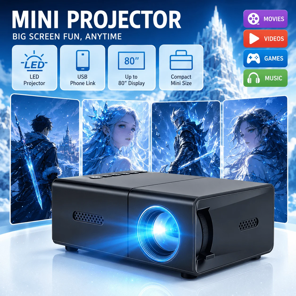 Android Tablet Gaming Accessories - Mini portable projector, compatible with home